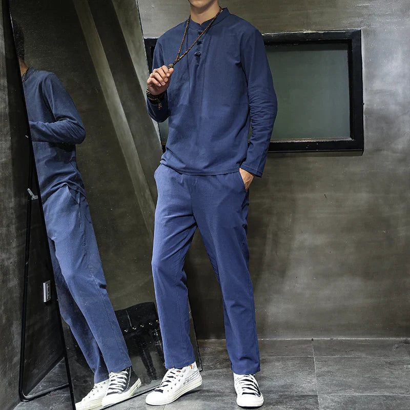 New Arrival Men's Cotton and Linen Long Sleeve T-shirt+Pant Set Solid Shirt+Trousers Home Suits Male 4 Colors Size M-5XL 8006
