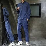 New Arrival Men's Cotton and Linen Long Sleeve T-shirt+Pant Set Solid Shirt+Trousers Home Suits Male 4 Colors Size M-5XL 8006