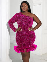 Plus Size Party Dresses Sequin One Shoulder Long Sleeve Velvet Short Tight Gown Tulle Ruffle Glitter Evening Party Club Wear