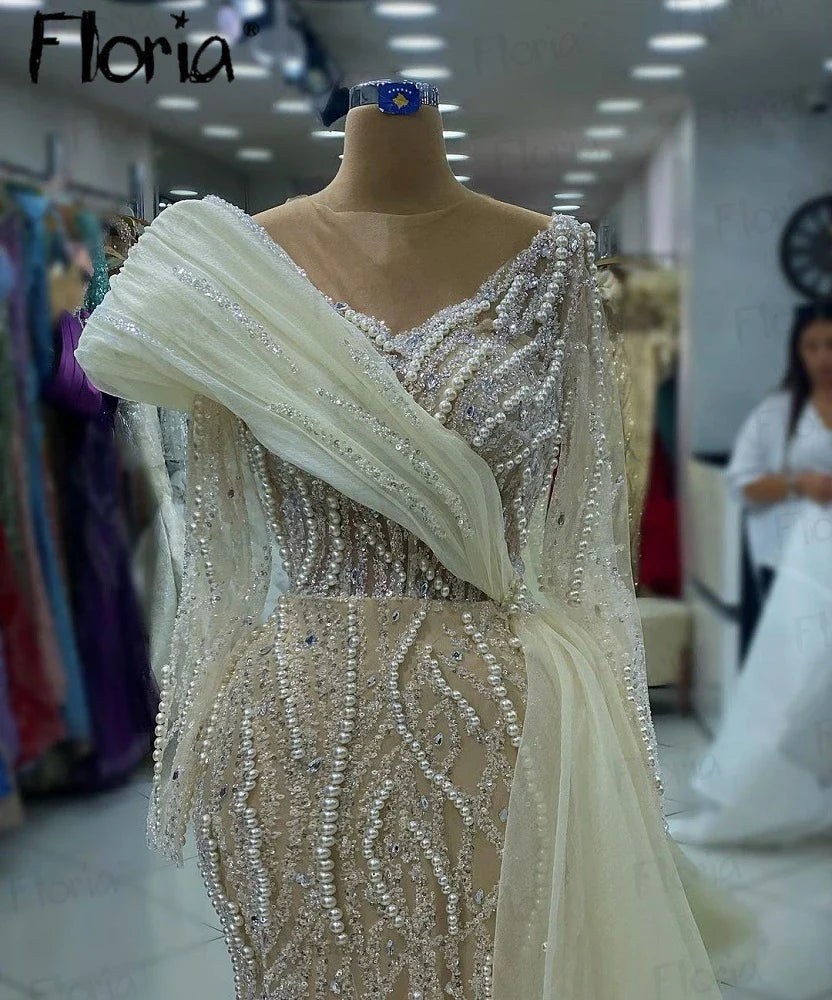 Dubai Full Pearls Champagne Evening Dress Luxury 2024 Beading Long Celebrity Occasion Dresses Women Muslim Wedding Party Gowns