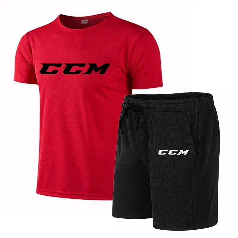 Summer Men's Fitness Fashion Men's Casual Sportswear Suit Quick Drying Sports Suit CCM Short Sleeve T-Shirt + Shorts 2 Piece Set