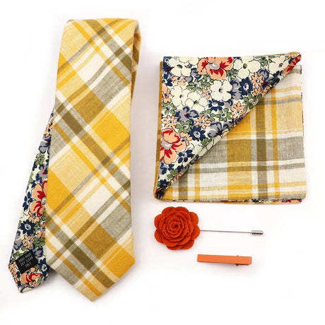 Two Side Floral Plaid Cotton Patchwork Tie Set Brooch Pin Clip Hankie Cufflink Ties Men Party Daily Shirt Cravat Gift Accessory