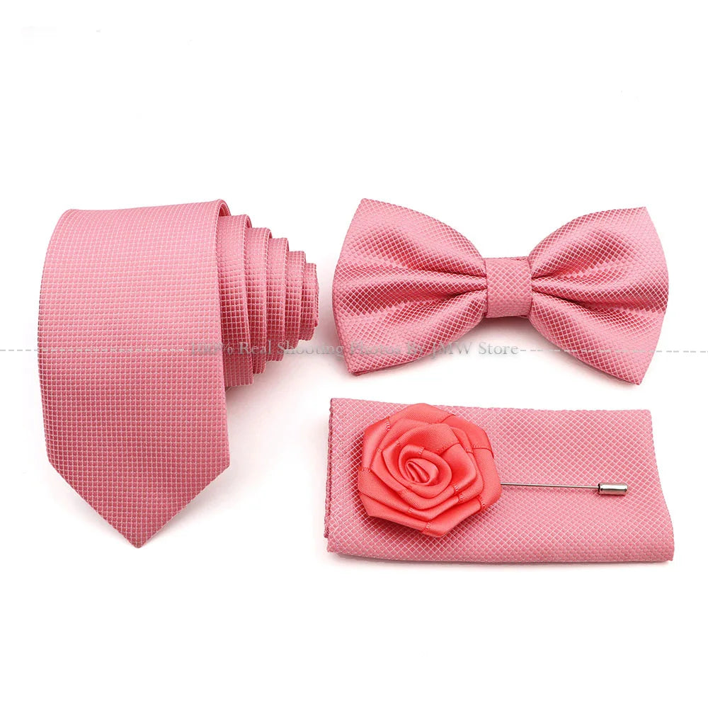 5 Pcs Slim Plaid Tie Set Polyester Pink Blue Necktie Bowtie Cufflink Brooch For Groom Suit Wedding Cravat Shirt Accessory Gift