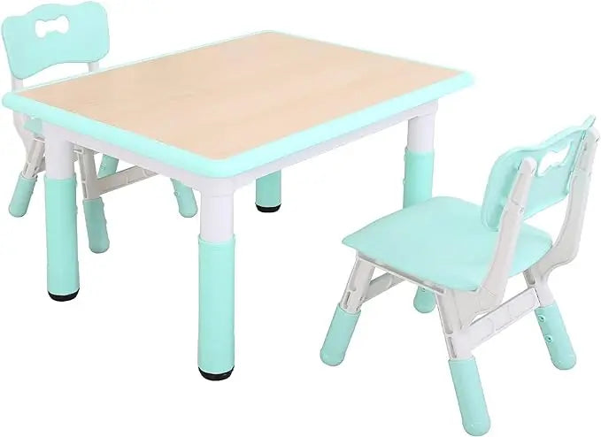 Kids Study Table and Chairs Set, Height Adjustable Plastic Children Art Desk with 2 Seats, Kids Multi Activity Table Set