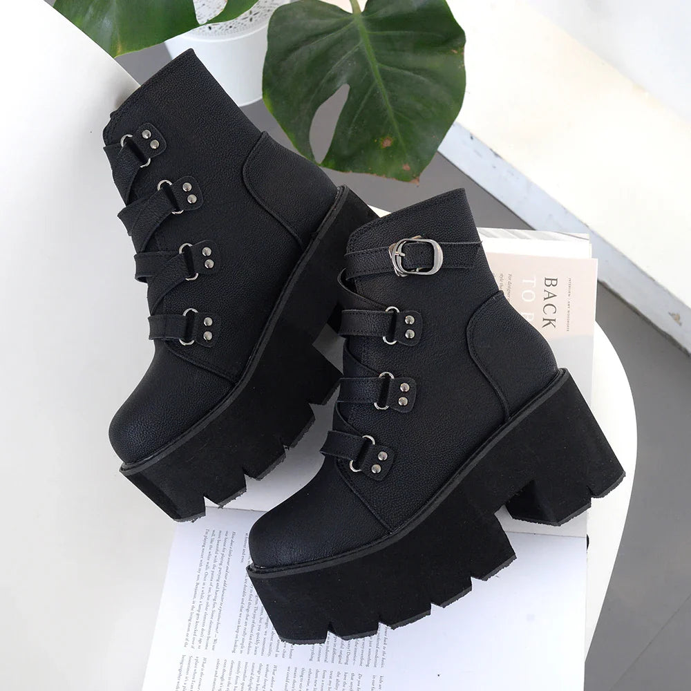 Gdgydh Women's Black Platform Boots Comfy Round Toe Buckle Strap Solid Color Chunky Heels Mid Calf Boots Gothic Style