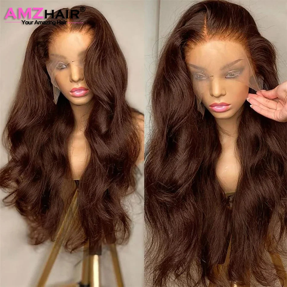 HD Transparent 30 Inch Chocolate Brown Colored Lace Front Wig Body Wave 13X4 Dark Brown Lace Frontal Human Hair Wigs For Women