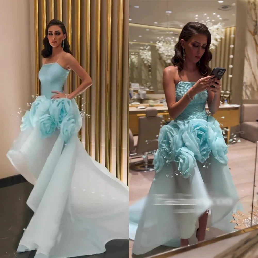 Exquisite Strapless Ball Gown Hi-Lo Prom Dresses Flower Organza Formal Occasion  فساتين سهره نسائيه فخمةفستان سهرهجديد في فس