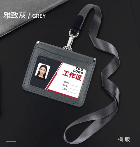 High Quality Genuine Leather ID Badge Holder Access Control Card Holders with Neck Lanyard Office Worker Magnet Hasp Campus Card