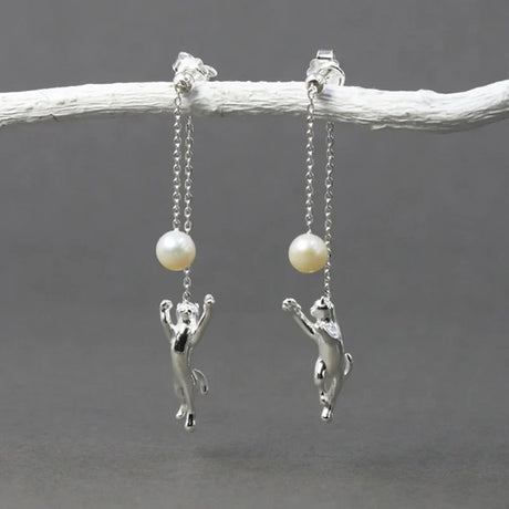 GEEZENCA 925 Sterling Silver Gold Plated Cat With Pearl Dangle Earrings For Women Cute Kitten Playing Ball Long Tassel Earring