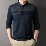 New Fashion Men's Striped Polo Shirts Male Button Collar T Shirt Casual Long Sleeve Tops