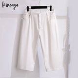 Plus Size Capris Jeans Bermudas Women 7xl Extra Large Simple Classic Elastic High Waist Straight Leg Cropped Demin Pants Female