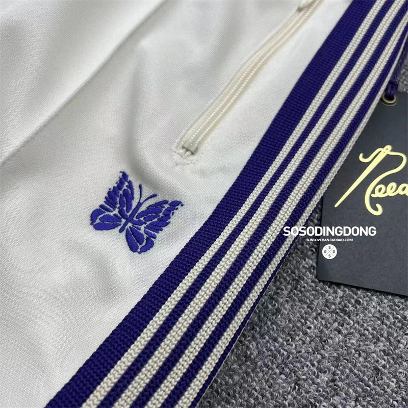 New style  Purple Stripe Needles Sweatpants Men Women White Embroidered Butterfly Awge Needles Drawstring Track Pants