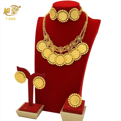 African 24K Gold Color Coins Necklace Bracelet Sets For Women Dubai Luxury Choker Designed For Women Wedding Party Jewelry Gift