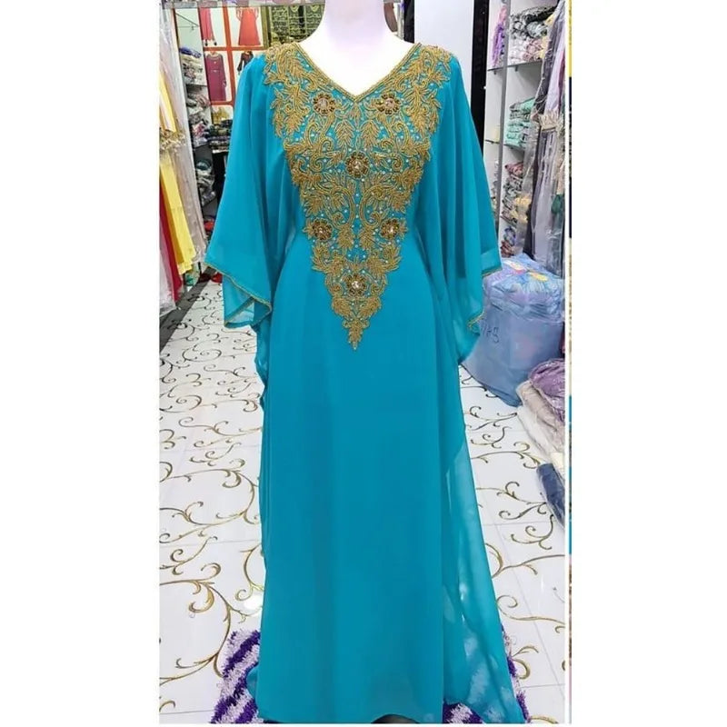 V-neck Kaftan Moroccan Dubai Caftan Abaya Fancy Long Crystal Beading Dress