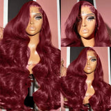 Tewjig 250 Density 99J Burgundy 13x6 Lace Frontal Wigs Remy Body Wave 30 40 Inch HD Transparent  Human Hair Wigs For Women