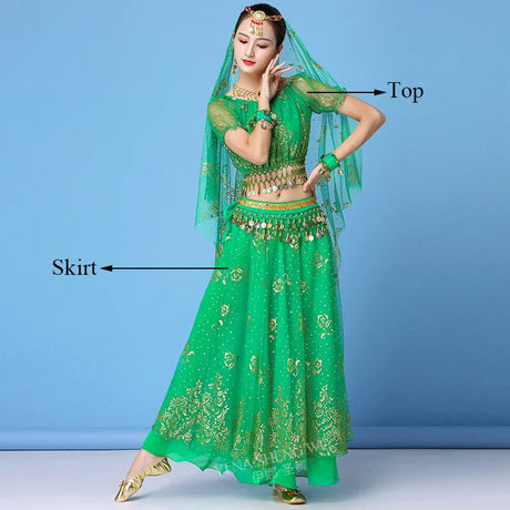 New Bollywood Costume Set Belly Dance Performance Clothes Chiffon Sequin Skirt Set Adult Women Indian Dance Costume Set