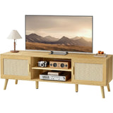 4 Cord Holes Home Furniture for Tv Solid Wood Feet Rattan TV Console With 2 Cabinets Entertainment Center With Adjustable Shelf