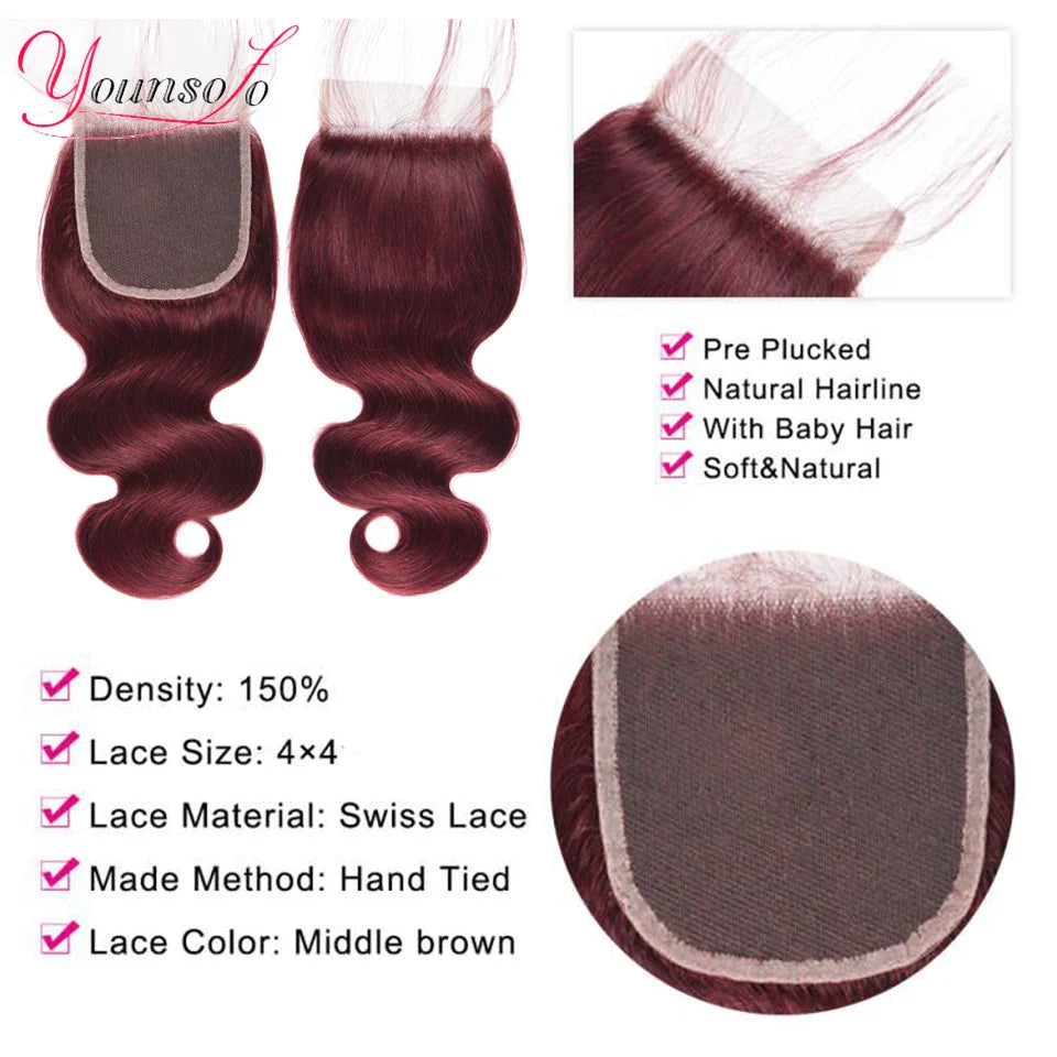 Burgundy Human Hair Bundles With Closure 99j Body Wave Bundles With Lace Closure Brazilian Red Body Wavy Hair With 4 x4 Closure