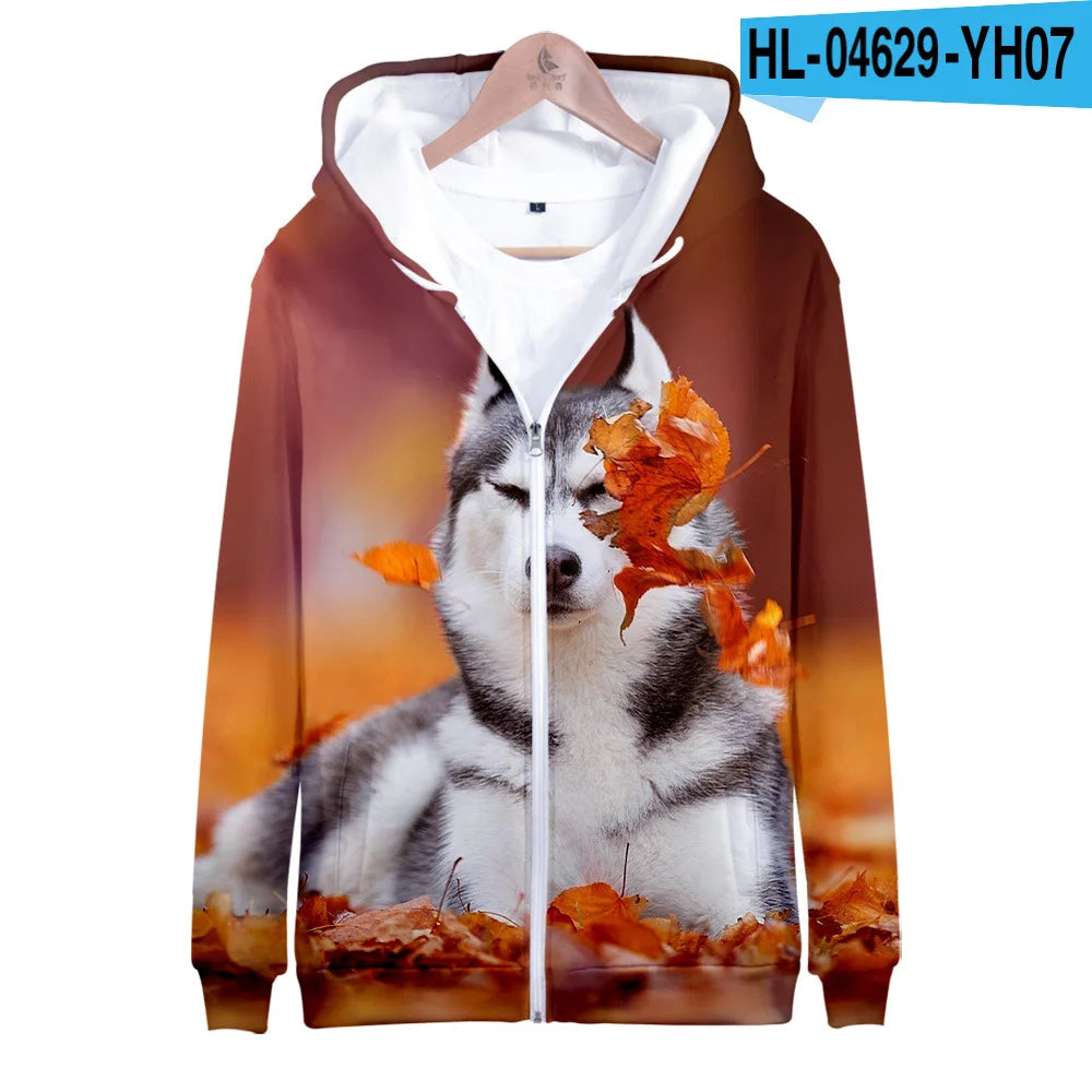 Animal Dog Husky 3D Print Zip Up Hoodie Women Men Harajuku Sweatshirt Streetwear Hip Hop Zipper Hooded Jacket Male Tracksuit