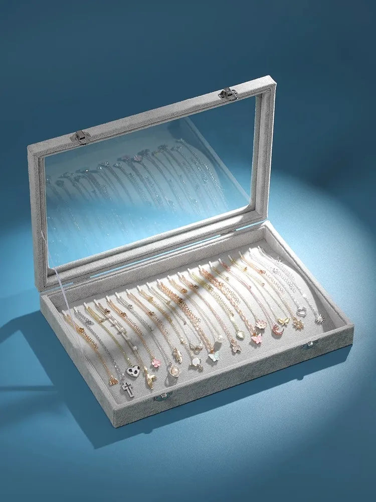 Ice Velvet 20 Hooks Jewelry Showcase for Necklaces Jewelry Box Stackable Glass Top Lockable