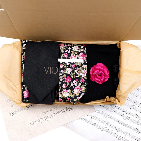 Viola Design Gift Box Hot Solid Floral Cotton Sock Necktie Set Clip Cufflinks Pin Hanky Men Wedding Party Daily Cravat Accessory