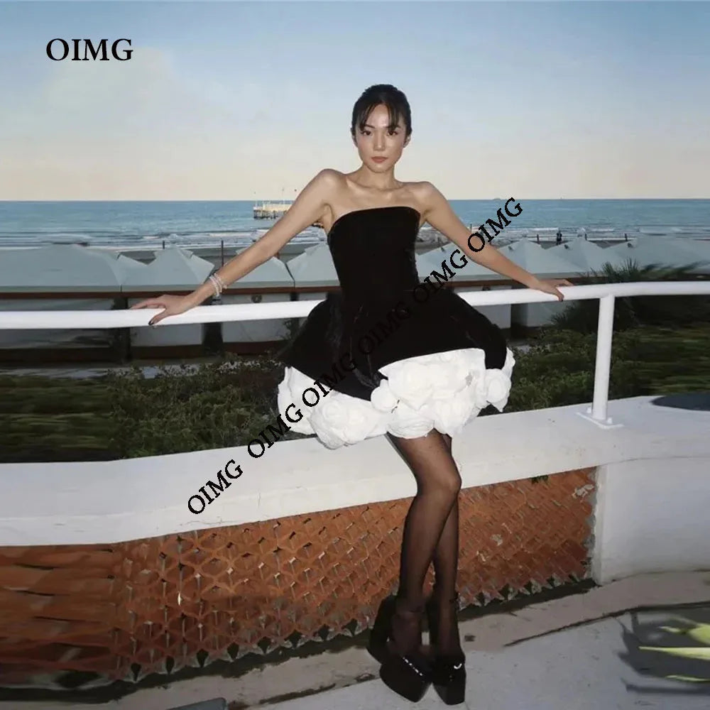 OIMG Black/White Ball Gown Short Mini Prom Dresses Velvet 3D Flowers Mini Tutu Fluffy Cocktail Party Evening Gowns Graduation