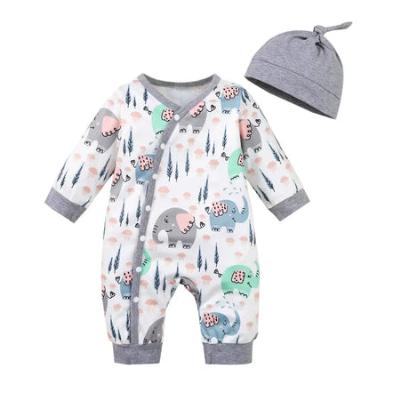 0-18 Months Baby Clothes Newborn Boy Romper Long Sleeves Animal Print Jumpsuit with Hat 2PCS Clothing Infant Baby Bodysuit