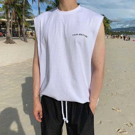 Print Vest Men Summer Casual Beach Tank Top Korea Fashion Sleeveless Shirts Male Loose Undershirt 100% Cotton Tees Hip Hop Tops