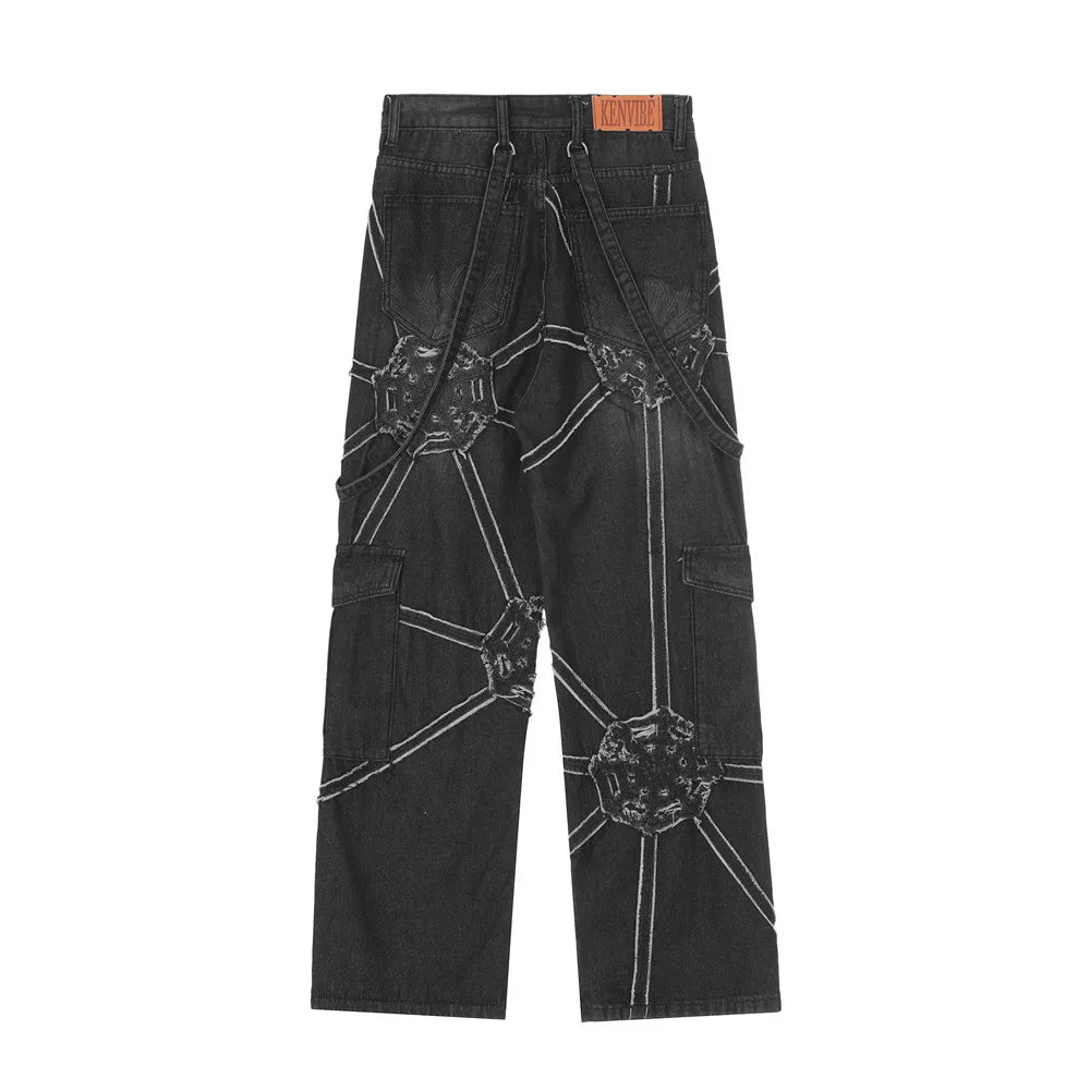 Vintage Gear Patch Punk Jeans High Street Spiderweb Straight Leg Pants Men's Wide Leg Pants Black Cargo Pants Y2k Clothes Baggy