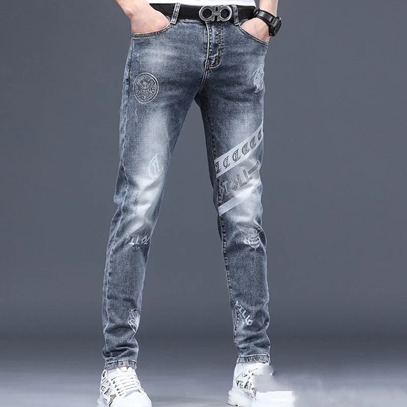 Man's Trousers Classic Distinctive Printed Black Stretch Denim Jeans for Men High Quality Slim Fit Stretch Hip Hop Denim Pants