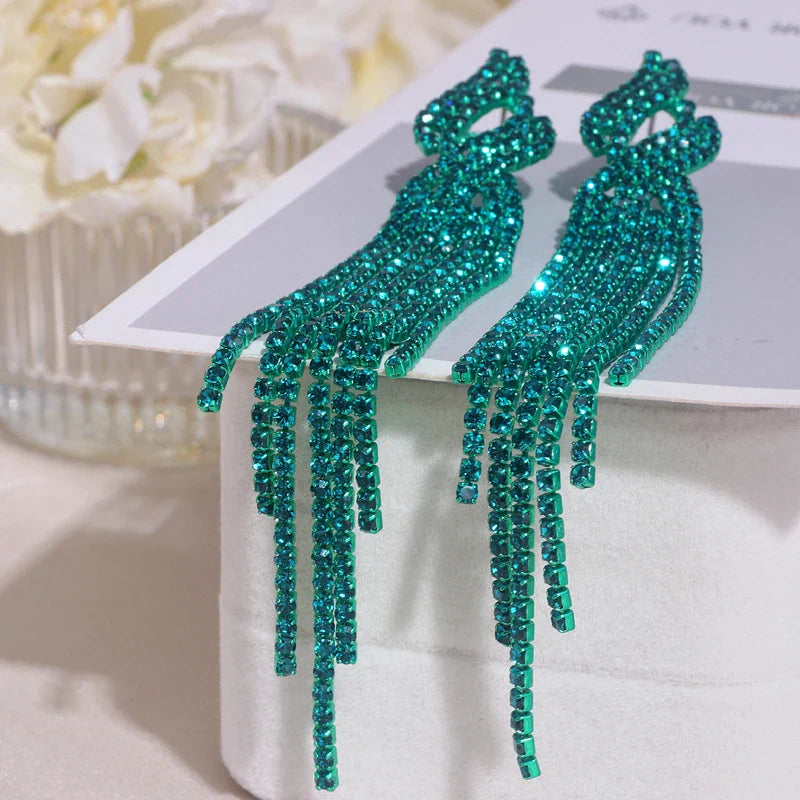 2022 New Sparkling Full Rhinestone Long Tassel Dangle Earrings for Women Bijoux Trendy Large Drop Earrings Wedding Jewelry Gifts