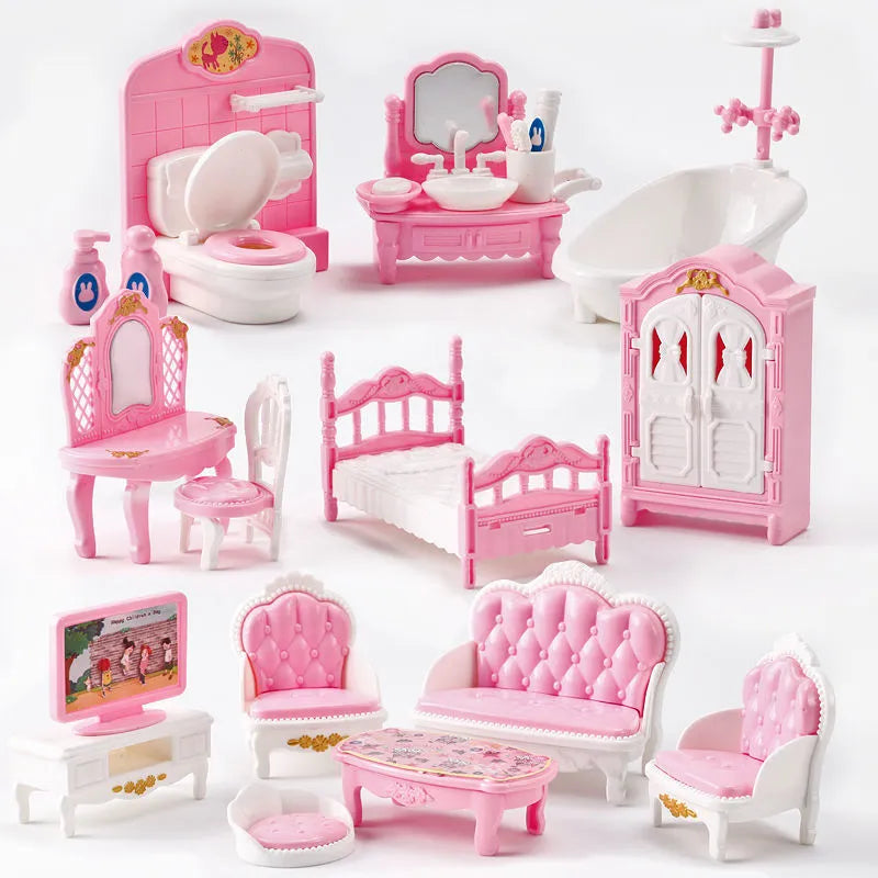 33 Items/lot Cute Pink Miniature Dollhouse Furniture Accessories Kids Toys Bathroom Bedroom Kitchen Cooking Things For Barbie