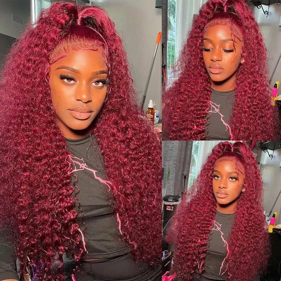 TAHIKIE Transparent 99j Burgundy Lace Front Human Hair Wig 13x6 HD Lace Deep Wave Frontal Wig Brazilian Curly Wigs For Women