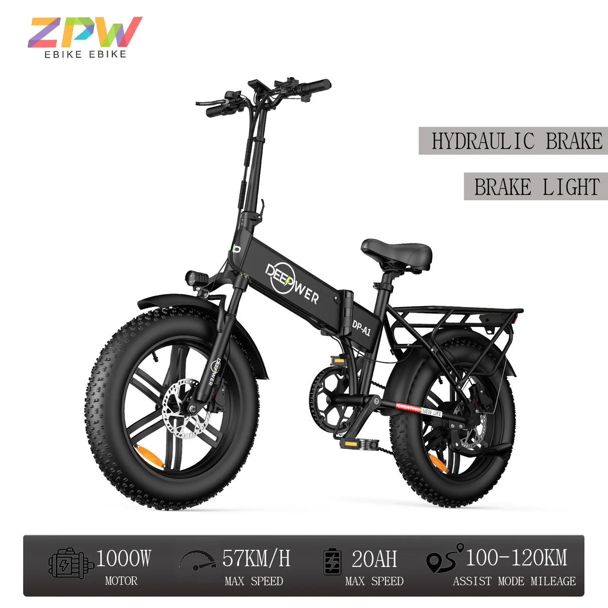 ZPW A1 20 inch Ebike 1000W 48V 20AH Off-road Adult Electric Bike Folding Mountain Snow Fat Tire Electric Bicycle