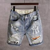 Summer 2022 Light Blue Ripped Cat Whisker Patch Letter Print Slim Denim Shorts Teenagers Jeans Boys and Girls Cowboy Short Pants