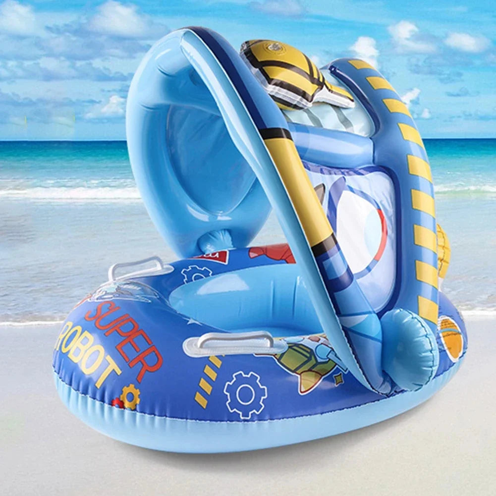 Cartoon Inflatable Baby Swim Ring Seat Floating Sunshade Toddler Swim Circle Bathtub Swimming Pool Beach Party Outdoor Water Toy