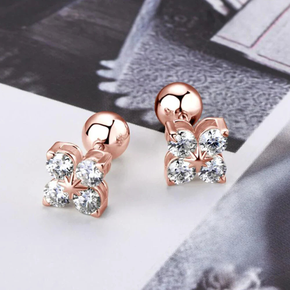 Rose Gold Four Leaf Clover Moissanite Stud Earrings 925 Silver Plated 18k Yellow/White Gold Diamond Earring for Women Jewelry