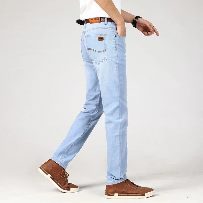 Summer Men's Stretch  Classic Style Business Jeans Casual Straight Slim Fit Versatile Men's High Quality Sky Blue Denim Trousers