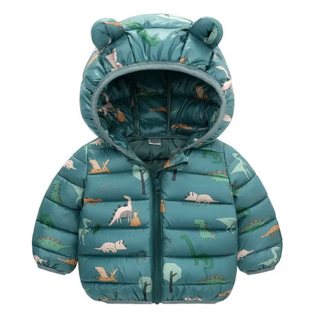 1-5 Years Baby Boy Hooded Lightweight Down Jacket Kids Girl Cartoon Dinosaur Zipper Coats Autumn Winter Warm Christmas Outerwear