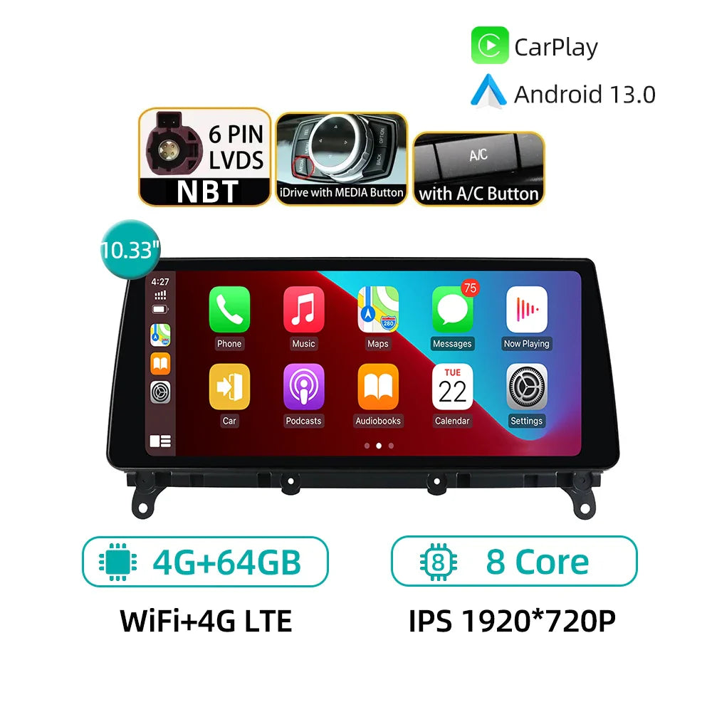 10.33" Android 12 8G 256G CarPlay GPS Navigation WiFi Stereo Car Radio For BMW X3 F25 X4 F26 2011-2017 NBT CIC Multimedia Player