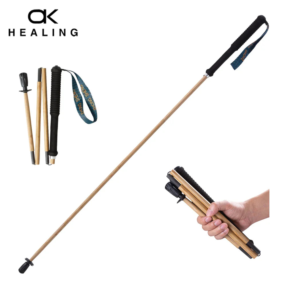 Bamboo Trekking Poles Carbon Fiber Hiking Sticks Portable 5-Section Foldable Outdoor Walking Sticks Walk Cane Climbing Equipment