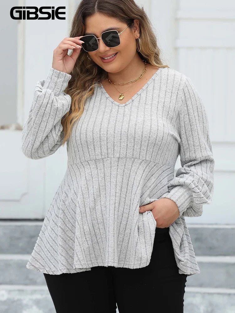 GIBSIE Plus Size Long Sleeve Tops for Women Spring Fall V Neck Peplum Tee Shirt Female Casual Ribbed Knit T-Shirts Clothes 2023