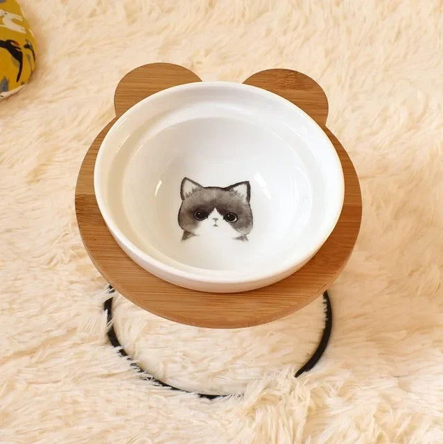 New High-end Pet Bowl Bamboo Shelf Ceramic Feeding and Drinking Bowls for Dogs and Cats Pet Feeder Accessories