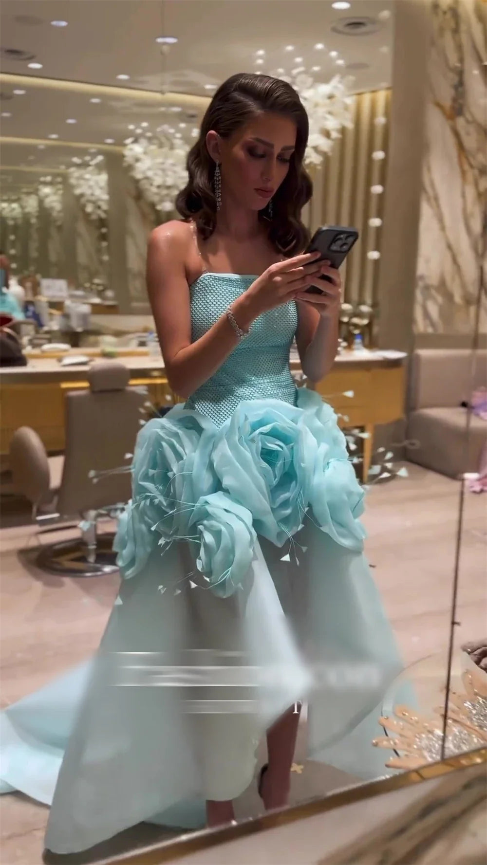 Exquisite Strapless Ball Gown Hi-Lo Prom Dresses Flower Organza Formal Occasion  فساتين سهره نسائيه فخمةفستان سهرهجديد في فس