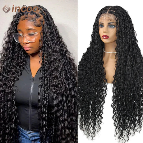 Boho Box Braided Wigs Curly Hair Full Lace Front Wigs for Women Goddess Locs Braid Wig Burgundy Bohemian Box Braid Synthetic Wig