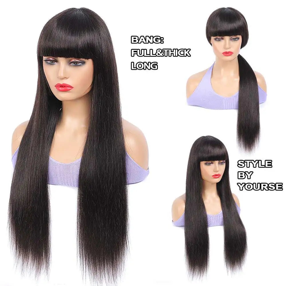 100% Human Hair Wigs Straight Hair With Bang Fringe For Women Brazilian Bob Wig Glueless Full Machine Made With Bangs 30 Inch