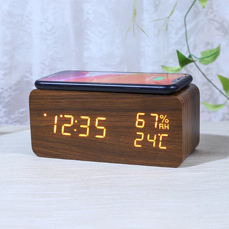 Wood Grain Digital Alarm Clock With Wireless Charging Home LED With Temperature And Humidity Display Clock Small Alarm Clock