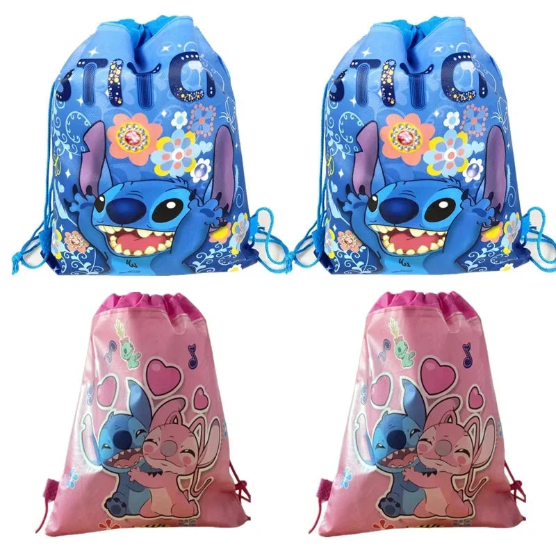 12Pcs Disney Lilo Stitch Mickey Minnie Mouse Non-woven Drawstring Bags Kids Swimming School Backpacks Birthday Party Gifts