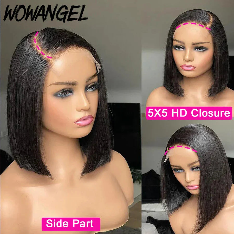 Wow Angel 5x5 HD Lace Closure Short Bob Human Hair Wigs Glueless Ready to Wear Straight Bob Wigs Bleached Knots Pre-Plucked Hair