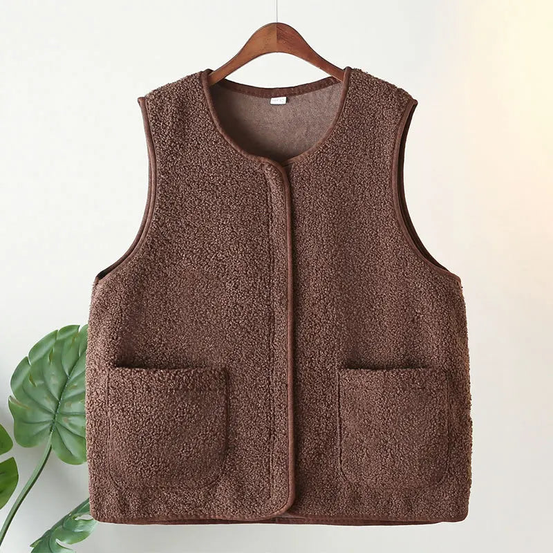 Womens Plus Size Fleece Jacket Autumn Casual Clothing Senior Sleeveless Vest Fashion Big Pocket Outwear Curve Coats T84 2363